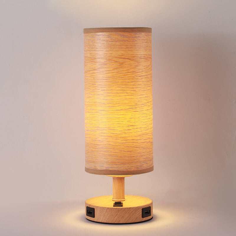 Moderne 1-flammige Tischlampe mit Holzmaserung und Stoffschirm 