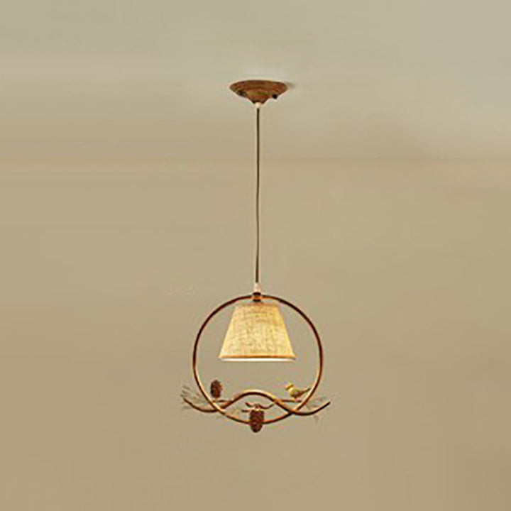 Traditionelle rustikale Stoffschirm Eisenring Harz Vogel 1-Licht Pendelleuchte für Schlafzimmer