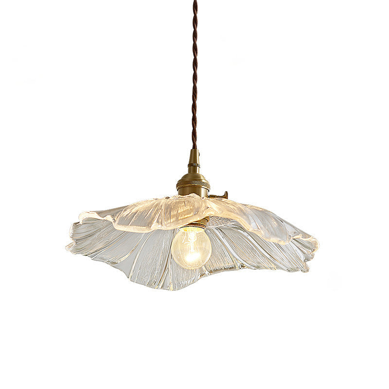 Traditionelle Vintage Messing Lotusblatt Glasschirm 1-Licht Pendelleuchte für Wohnzimmer 
