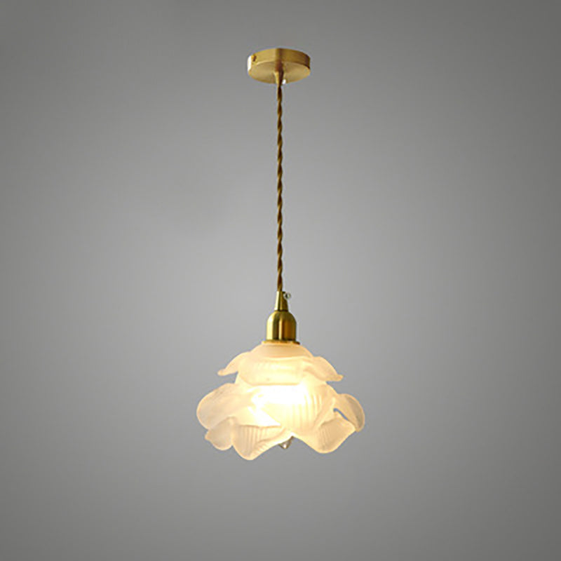 Modern Art Deco Brass Floral Glass Shade 1-Light Pendant Light For Bedroom