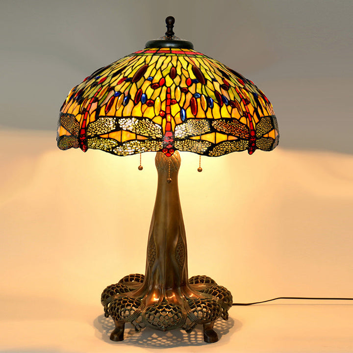 Traditionelle Tiffany Libelle Buntglas Kuppel 3-Licht Tischlampe für Studie 