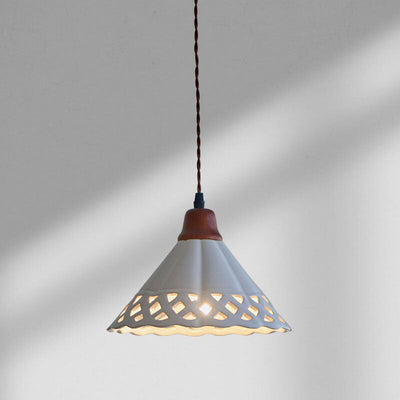 Japanese Minimalist Funnel-Shaped Hollow Ceramic 1-Light Pendant Light