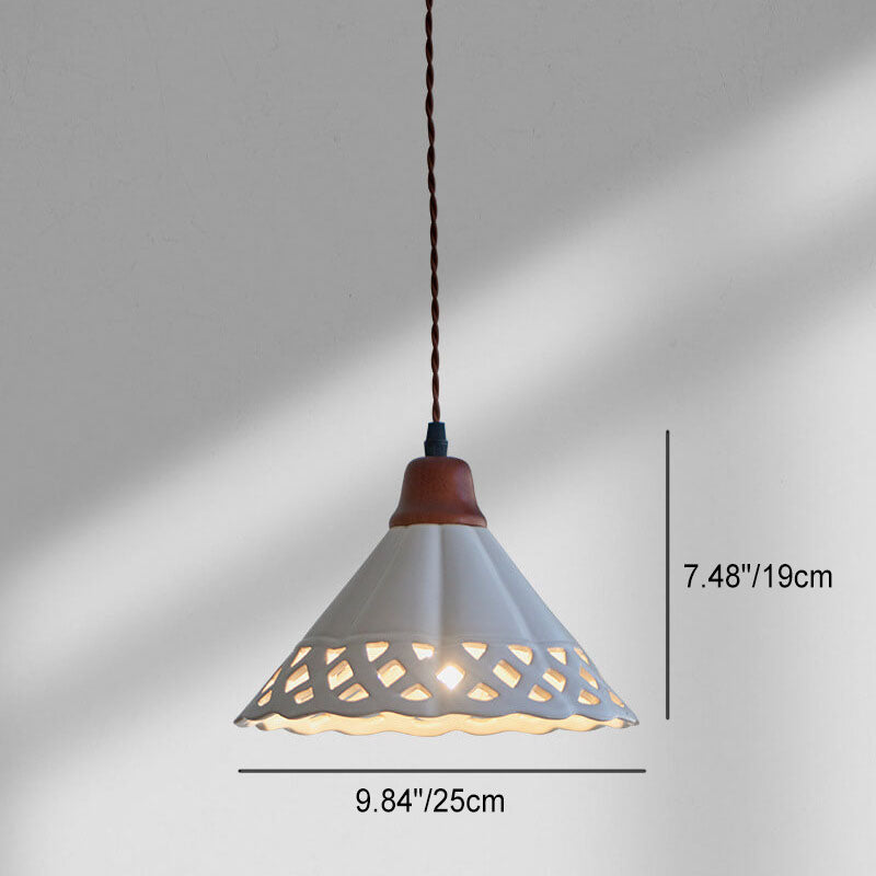 Japanese Minimalist Funnel-Shaped Hollow Ceramic 1-Light Pendant Light