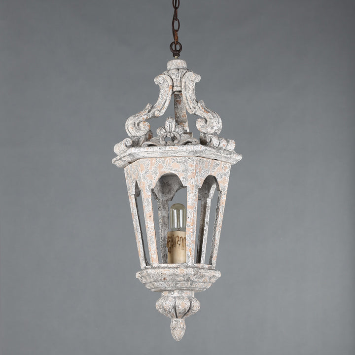 Traditional Vintage Solid Wood Resin Iron Carved Hexagonal Cage 1-Light Pendant Light For Living Room &amp; Bedroom