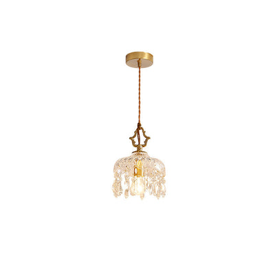 Modern Art Deco Brass Checkered Glass Shade Crystal Beads 1-Light Pendant Light For Living Room