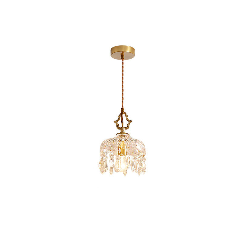 Modern Art Deco Brass Checkered Glass Shade Crystal Beads 1-Light Pendant Light For Living Room