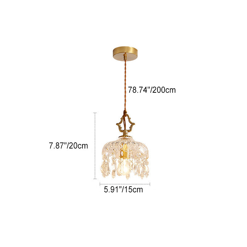 Modern Art Deco Brass Checkered Glass Shade Crystal Beads 1-Light Pendant Light For Living Room