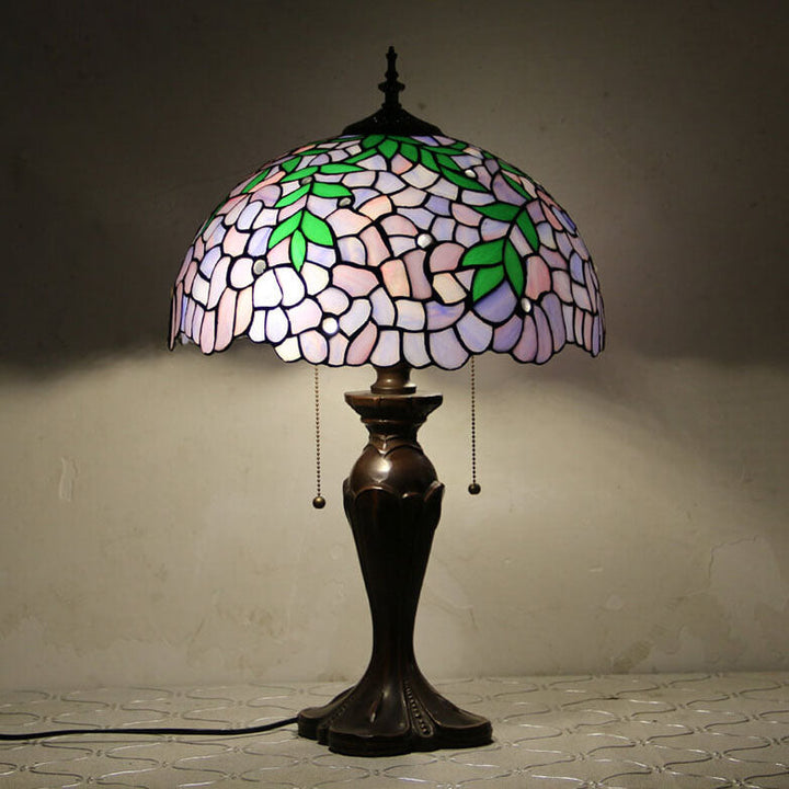 Lampe de table Tiffany avec fleur rétro européenne en verre teinté à 1 lumière avec cordon de tirage 