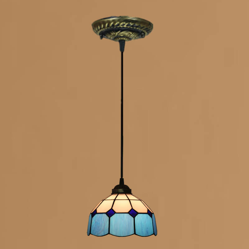 Traditional Tiffany Stained Glass Iron Dome Shade Round 1-Light Pendant Light for Living Room