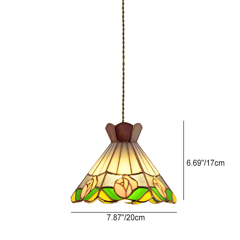 Traditional Tiffany Tapered Green Leaf Rose Copper Stained Glass 1-Light Pendant Light For Bedroom