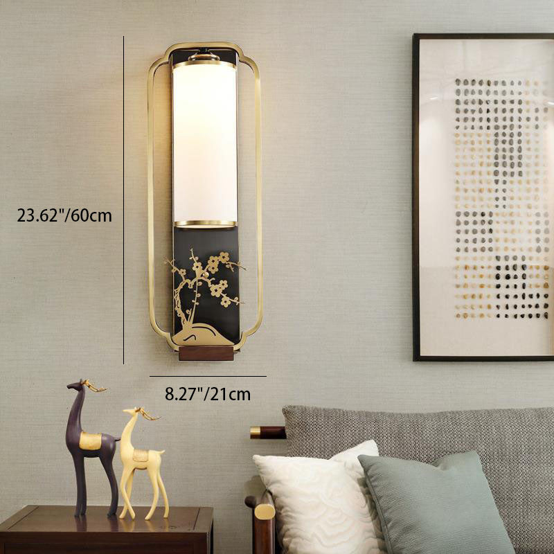 Traditional Chinese Carved Copper Frame Frosted Glass Cylinder Shade 1-Light Wall Sconce Lamp For Living Room