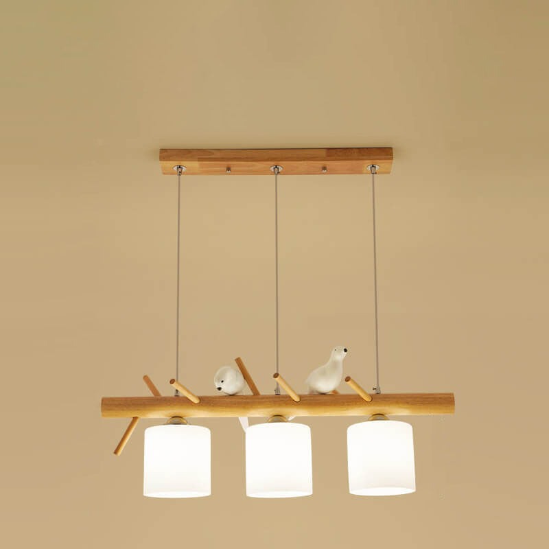Nordic Minimalist Solid Wood Bird Decor Cylinder 2/3-Light Island Light Chandelier