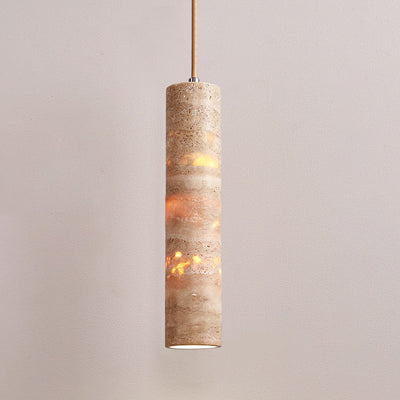 Modern Minimalist Cylindrical Natural Yellow Travertine 1-Light Pendant Light For Bedroom