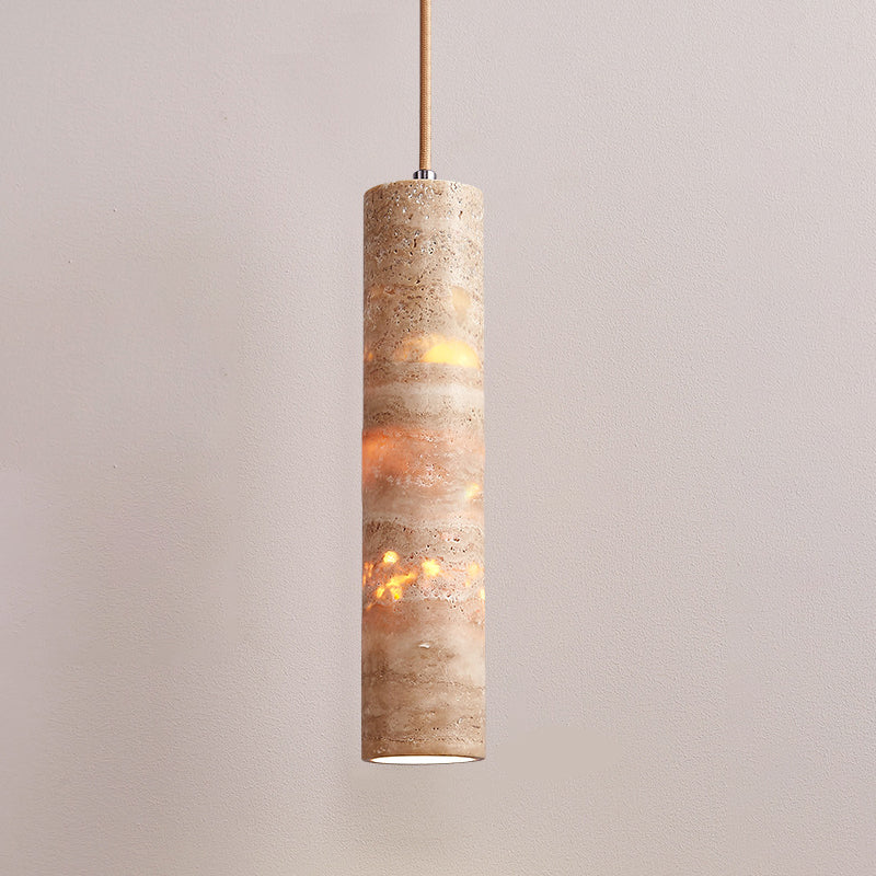 Modern Minimalist Cylindrical Natural Yellow Travertine 1-Light Pendant Light For Bedroom