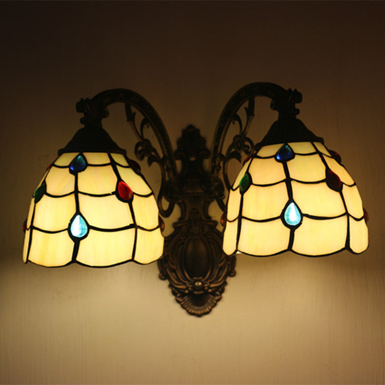 Vintage Tiffany Dome Stained Glass 2-Light Wall Sconce Lamp