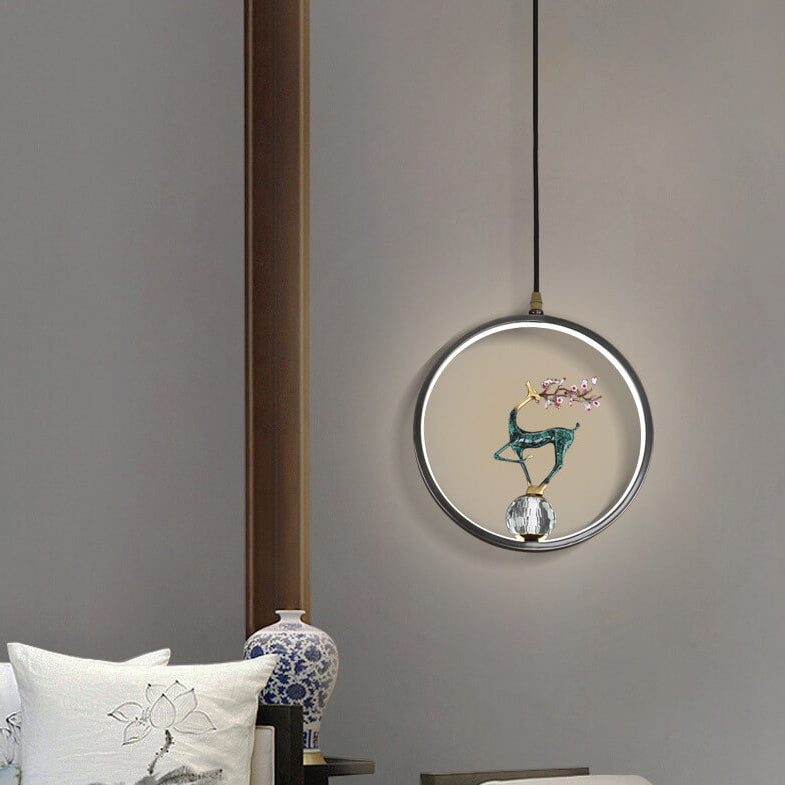 Modern Chinese Square Round Ring Plum Deer LED Pendant Light