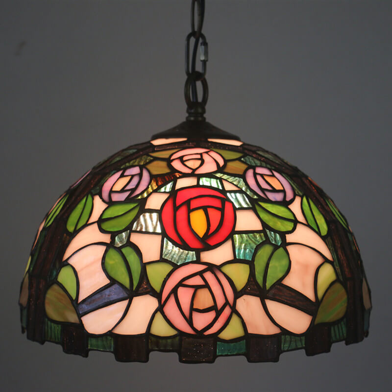 Vintage Tiffany Rose Stained Glass Dome 1-Light Pendant Light