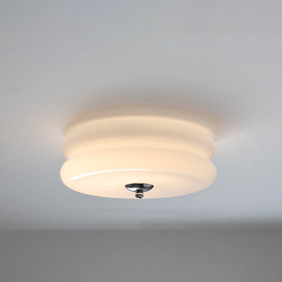 French Minimalist Cream Glass Round LED Flush Mount Ceiling Light