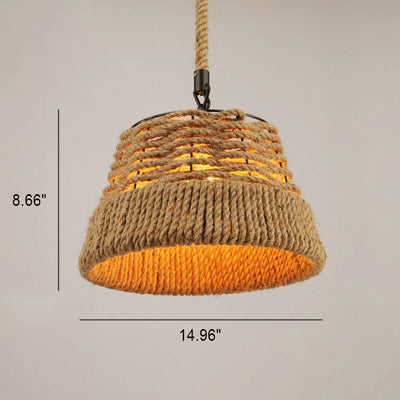 Vintage Industrial Hemp Rope Cone Straw Hat 1-Light Pendant Light