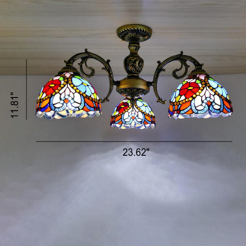 Traditionelle europäische Tiffany Eisen Buntglas 3/5/6-Licht Halbbündige Montage Licht 