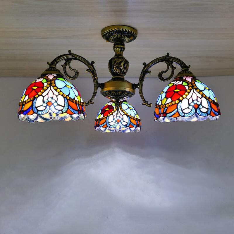 Traditionelle europäische Tiffany Eisen Buntglas 3/5/6-Licht Halbbündige Montage Licht 