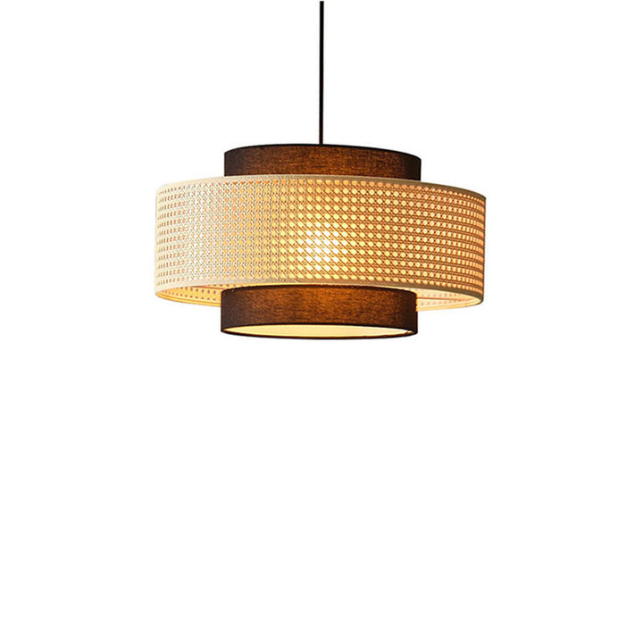 Traditional Vintage PE Rattan Weaving Fabric Round Drum 1-Light Pendant Light For Dining Room