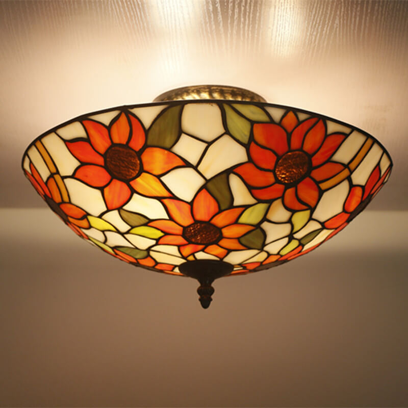 Tiffany Europäische Sonnenblumen-Buntglasschale 3-Licht-Unterputz-Deckenleuchte
