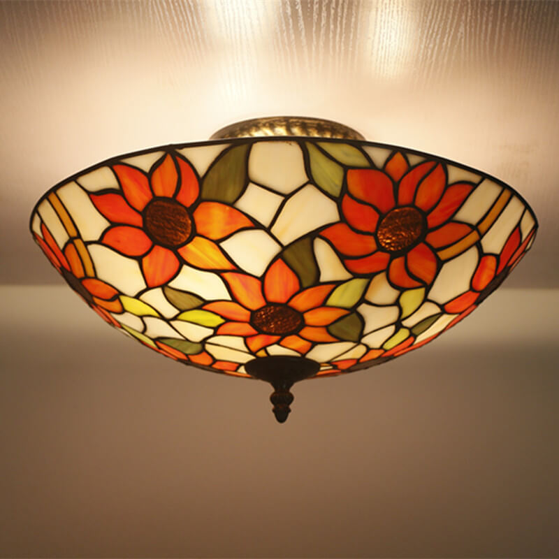 Tiffany European Sunflower Stained Glass Bowl 3-Light Flush Mount Ceiling Light