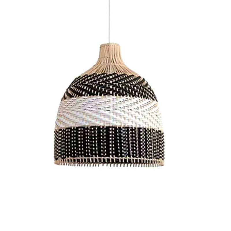 Modern Rattan Bamboo Black and White Dome 3-Light Chandelier