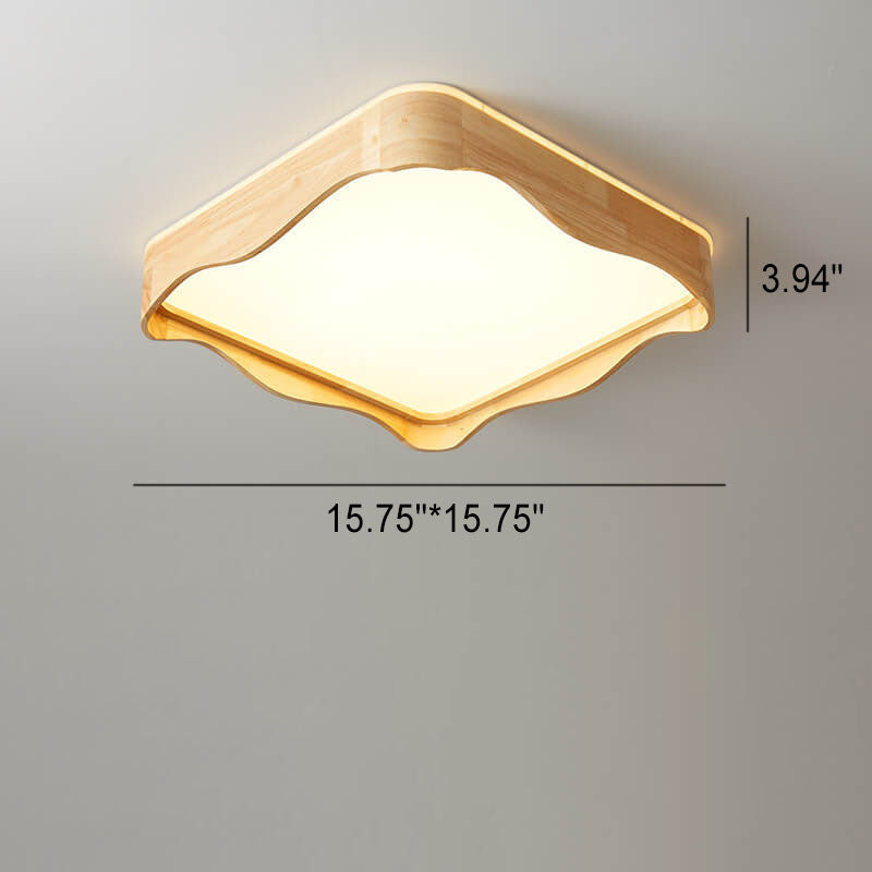 Japanische LED-Unterputz-Deckenleuchte mit quadratischem Ripple-Design aus Holz 