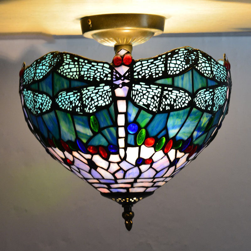 Traditional Tiffany Stained Glass Iron Bowl Round 2-Light Semi-Flush Mount Ceiling Light for Living Room