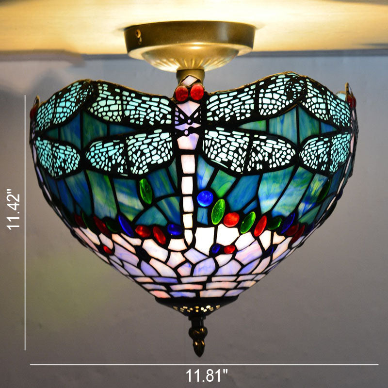 Vintage Tiffany Buntglasschale 2-flammige, halbbündige Deckenleuchte 