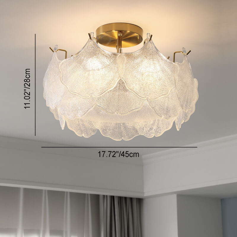 Traditionelle französische Ginkgo-Blatt-Hardware-Glas 5/8 Licht Semi-Flush-Mount-Deckenleuchte für das Wohnzimmer 