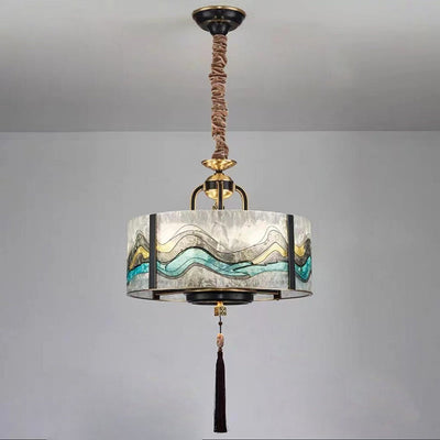 Cylindre en verre émaillé chinois traditionnel avec cadre en laiton 4/6 lumières lustre pour salon 