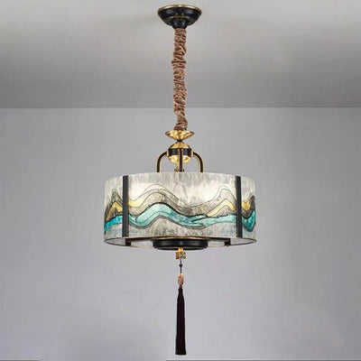 Traditional Chinese Enamel Glass Cylinder Shade Brass Frame 4/6-Light Chandelier For Living Room