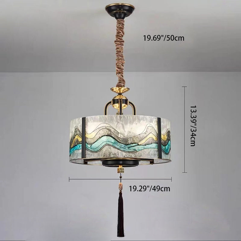 Traditional Chinese Enamel Glass Cylinder Shade Brass Frame 4/6-Light Chandelier For Living Room