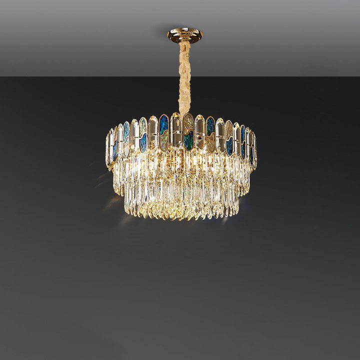 Modern Luxury Round Shell Embellishment Tiered Iron Crystal Shade 11/12/15/21/28-Light Chandelier For Living Room