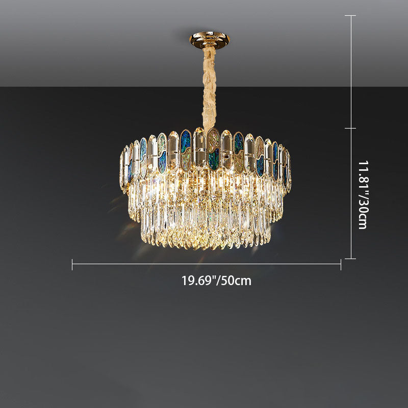 Modern Luxury Round Shell Embellishment Tiered Iron Crystal Shade 11/12/15/21/28-Light Chandelier For Living Room