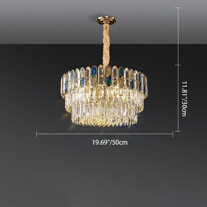 Modern Luxury Round Shell Embellishment Tiered Iron Crystal Shade 11/12/15/21/28-Light Chandelier For Living Room