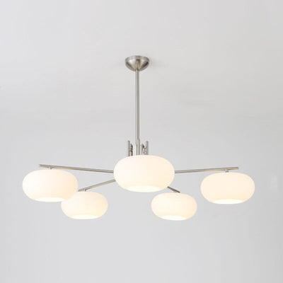 French Minimalist White Dome Glass Shade  5-Light Chandelier