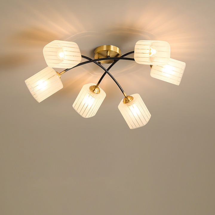 Traditionelle japanische mattierte quadratische Glas-Kupfer 6/8-Light Semi-Flush-Mount-Deckenleuchte für das Wohnzimmer 
