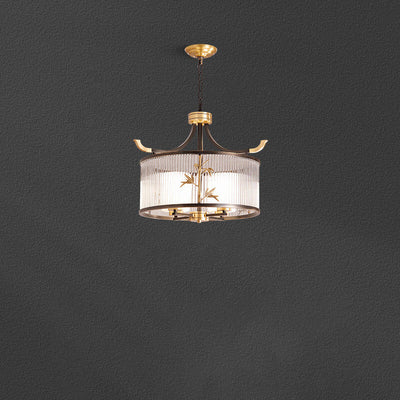 Chandelier traditionnel chinois à cadre en cuivre avec abat-jour en verre nervuré 4/6/8 lumières pour salon 