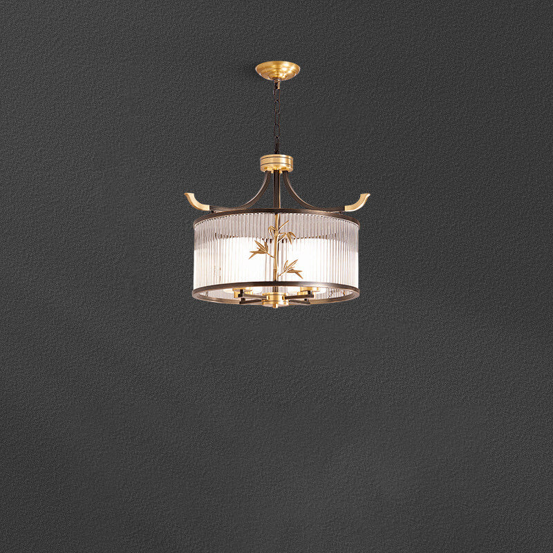 Chandelier traditionnel chinois à cadre en cuivre avec abat-jour en verre nervuré 4/6/8 lumières pour salon 