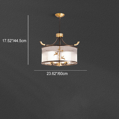 Chandelier traditionnel chinois à cadre en cuivre avec abat-jour en verre nervuré 4/6/8 lumières pour salon 