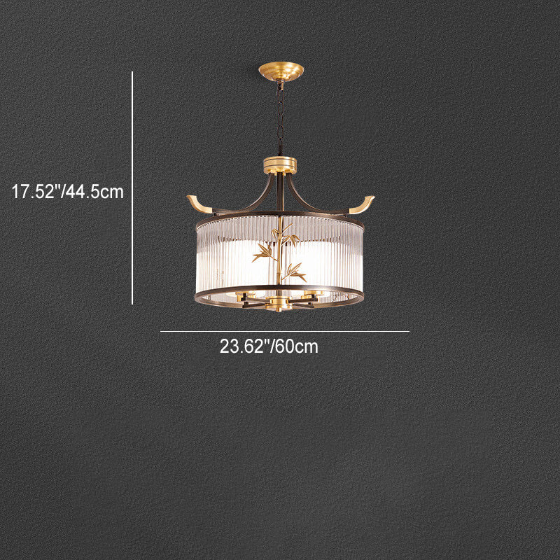 Chandelier traditionnel chinois à cadre en cuivre avec abat-jour en verre nervuré 4/6/8 lumières pour salon 
