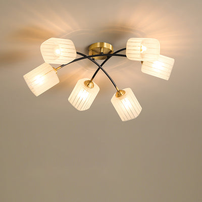 Nordic Vintage Frosted Square Glass Brass 6/8 Light Semi-Flush Mount Ceiling Light