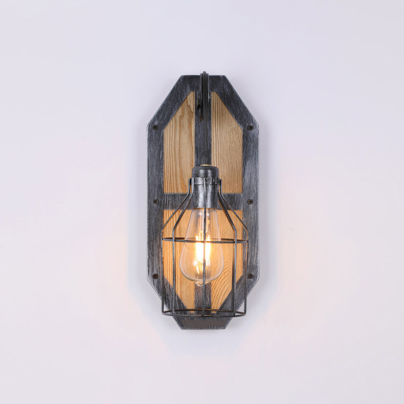 Contemporary Industrial Pine Wood Iron Cage 1-Light Wall Sconce Lamp For Living Room &amp; Bedroom