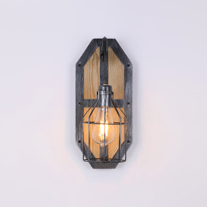 Contemporary Industrial Pine Wood Iron Cage 1-Light Wall Sconce Lamp For Living Room &amp; Bedroom