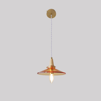 Vintage Orange Glass Cone Solid Wood 1-Light Pendant Light