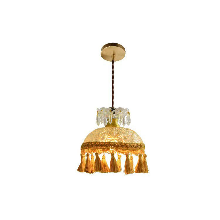 French Luxury Glass Copper Dome Tassel 1-Light Pendant Light